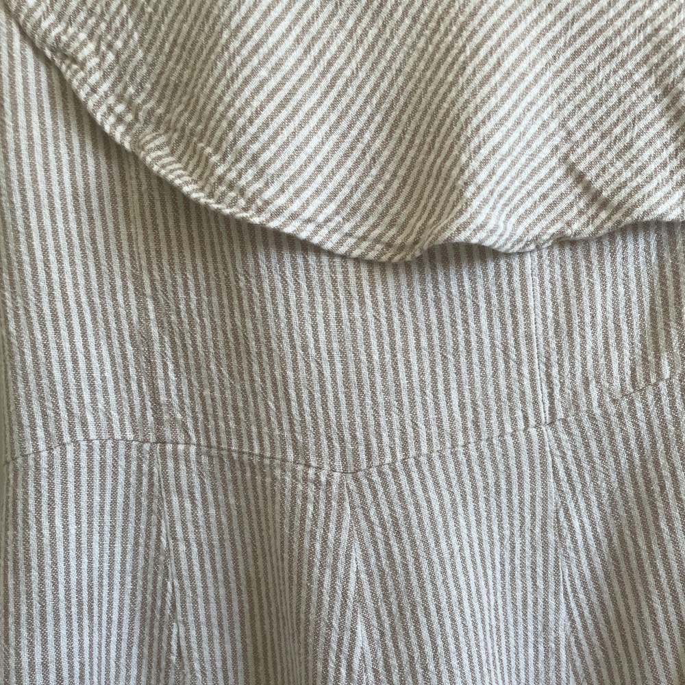 INTERMIX Linen Blended Pinstriped Beige/Cream, One Shoulder Ruffle Romper, Small - Picture 12 of 16